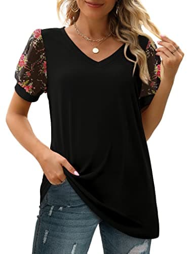 Summer Tops for Women Dressy Casual Swiss Dot Puff Sleeve Tops V Neck T Shirts XX-Large Black Floral - Image 3