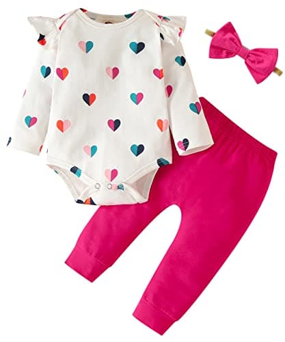 Fullfamous Baby Girl Clothes Gifts Outfits,Fall Winter Long Sleeve Romper and Pant Set Raspberry Heart 6-12 months - Image 1