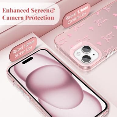 ZTOFERA for iPhone 13/14 Case,Cute Pink Ribbon Bow Tie Planet Star Floral Aesthetic Phone Case,Trendy Slim Hard IMD Shockproof Protective Bumper Phone Cover for Women Girls,Heart - Image 2
