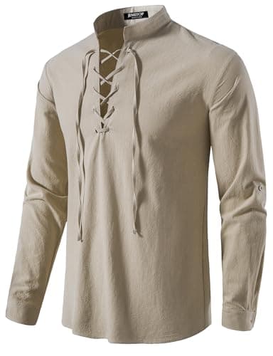 JEMITOP Men's Vintage Renaissance Costume Long Sleeve Lace Up Shirts for Pirate Viking Medieval Vampire Halloween Cosplay Clothing Khaki M - Image 1