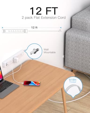 2 Pack Power Strip, 12FT Long Extension Cord, Surge Protector with 6 Outlets and 4 USB Charging Ports(2 USB C), Flat Plug Overload Protection, Wall Mount for Home Office Dorm College - Image 2