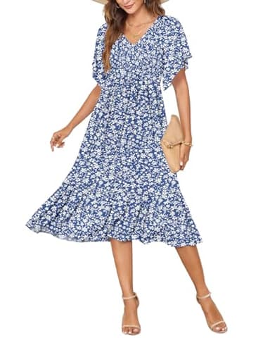 AUSELILY Women's Summer Empire Waist Dress Smocked Flutter Short Sleeve V Neck Midi Dresses 2025 New Gray Blue Flower 2XL - Image 1