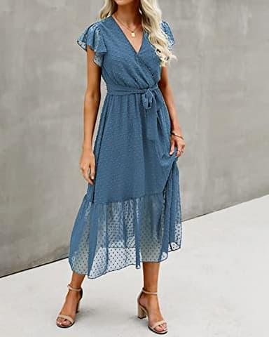 BTFBM Women Summer Bohemian Floral Casual Wrap V Neck Ruffle Cap Sleeveless Belt A-Line Pleated Hem Swing Midi Sun Dress (Swiss Dot Grey Blue, l) - Image 4