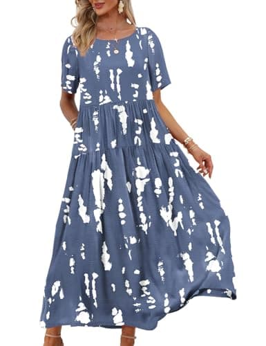 YESNO Women Casual Loose Bohemian Floral Dress with Pockets Short Sleeve Long Maxi Summer Beach Swing Dress XL EJF CR147