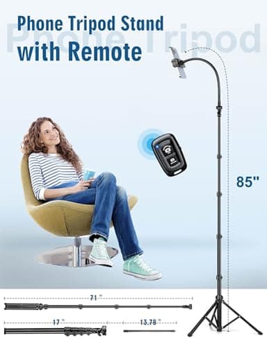 Nineigh Phone Tripod, 85" Tripod for Cell Phone iPhone with Gooseneck, Aluminum Tripods Stand for Video Recording Photo Vlog, Travel Cellphone Tripod with Remote Compatible with iPhone Android - Image 3