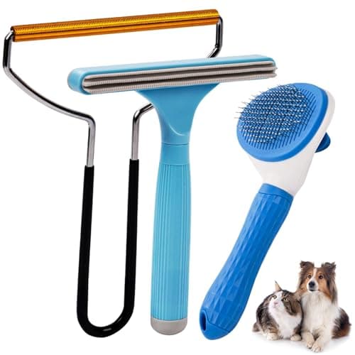 Analan 3-in-1 Pet Hair Remover & Grooming Set for Dogs & Cats – Self-Cleaning Brush for Shedding, Cat Brush, Metal Fur Remover for Couch Carpet & Car, and Rubber Tool for Clothes & Bedding - Image 1