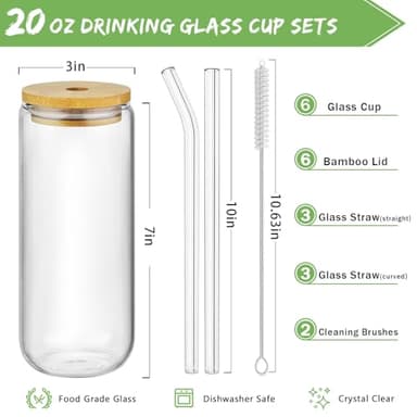 20 Oz Drinking Glasses with Bamboo Lids and Glass Straw - 6 Pcs Glass Cups Beer Ice Coffee Glasses Cute Aesthetic Cup Great for Coffee Bar Accessories Include 2 Cleaning Brushes - Image 2