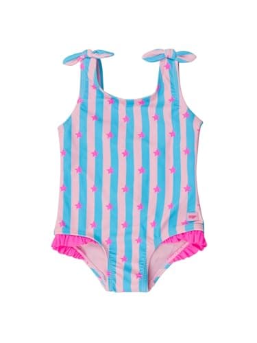 RuffleButts Girls UPF50+ Sun Protection Tie Shoulder/Cross Back One Piece Swimsuit - Neon Star Party, 6-12m - Image 1