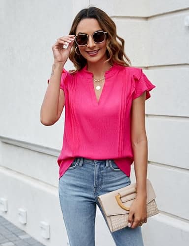 Blooming Jelly Womens Dressy Casual Tops Ruffle Short Sleeve V Neck Shirts Elegant Business Work Blouse(M, Hot Pink) - Image 2