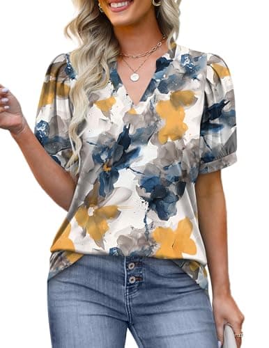 Women Tunic Tshirts Summer Short Puff Sleeve Tops Fashion V Neck Shirts Baggy Comfy Floral Yellow XL - Image 1