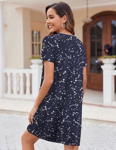 Ekouaer Nightgowns for Women 2 Pack Button Down Sleepshirt Short Sleeve Nightshirt Soft Sleepwear V Neck Pajama Dress Grey Floral/Blue Star XXXL - Image 4