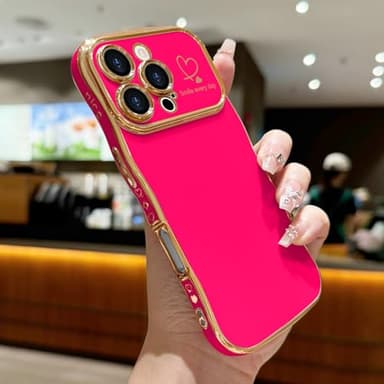 LCHULLE for iPhone 16 Pro Max Case for Women Girls, Cute Wave Frame Curly Shape with Love Heart Raised Camera Protection Cover Luxury Plating Shockproof Phone Case for iPhone 16 Pro Max, Hot Pink - Image 2