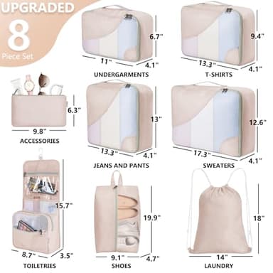 10 Set/8 Set Packing Cubes for Travel, Gifts for Women Mom,Anti-Tearing Suitcase Organizer for Luggage with Shoe & Hanging Toiletry Bag,OlarHike Vacation Essentials & Accessories for Cruise Ship,Cream - Image 2