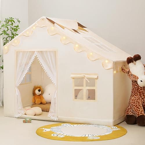 PIIKAGO Kids Play Tent with Mat - Kids Tent Indoor with Star Lights and Flags, Toddler Tent for Kids Ages 3-8, Toddler Playhouse for Girls Boys, 57" x 35" x 47" (Beige) - Image 1