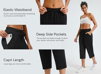 Maxbee Capri Pants for Women Drawstring Workout Sweatpants Comfy Lounge Elastic Waist Yoga Pants Black - Image 4