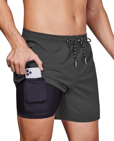 Alimens & Gentle Mens 5" Swim Trunks with Zipper Pocket 2 in 1 Swim Shorts with Compression Liner Solid Quick Dry Beach Shorts Dark Grey - Image 1