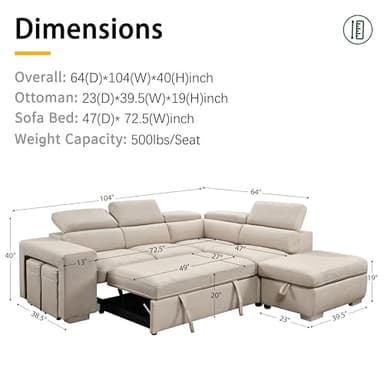 THSUPER 104'' Microfiber L Shaped Sectional Sleeper Sofa Couch with Pull Out Bed and Storage Ottoman, Convertible Couches with Adjustable Headrest for Living Room, Right Facing Chaise. Beige - Image 2