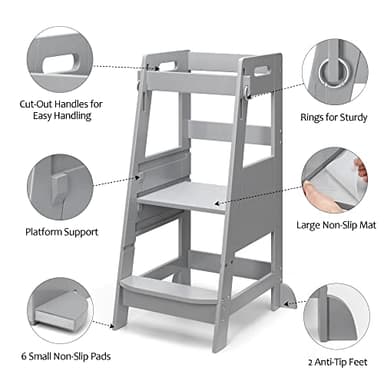 TOETOL Bamboo Toddler Step Stool Grey Learning Standing Helper Tower for Toddlers Kitchen Stools Counter 3 Height Adjustable Helper with Non-Slip Mat - Image 4
