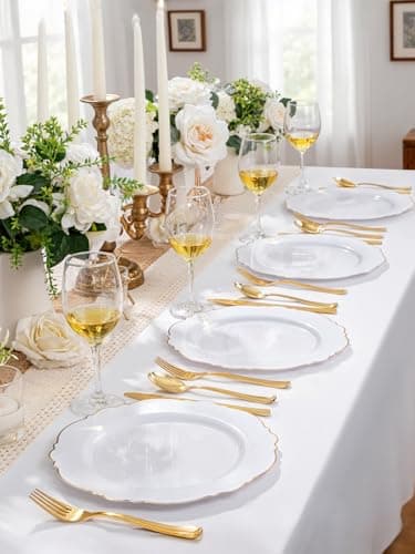WDF 60pcs Gold Plastic Dinner Plates -10.25inch Baroque White and Gold Wedding Plates Fancy Heavy Duty Fall Plastic Plates for Upscale Thanksgiving Parties & Wedding & Birthday - Image 7