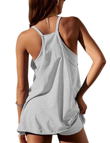 Zhiyouni Women's Summer Sleeveless Mini Dress V Neck Spaghetti Straps Athletic Built-in Shorts Sundress(LightGrey-XS) - Image 2