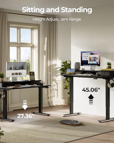 FEZIBO 48 x 24 Inch Height Adjustable Electric Standing Desk with Double Drawer, Stand up Home Office Computer Desk with 4 Height-Adjustable Feets & 2 Hooks,Black - Image 5