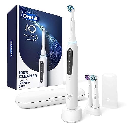 Oral-B iO Deep Clean + Whiten Rechargeable Electric Toothbrush with Visible Pressure Sensor, 2 Minute Timer, 5 Cleaning Settings, 1 iO5 Limited, 3 Toothbrush Heads, Travel Case & Refill Holder, White - Image 1