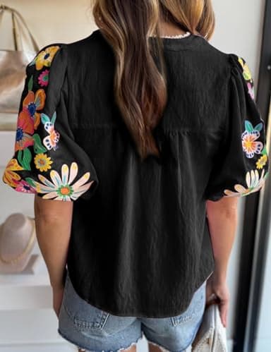 Women's Casual Floral Embroidered V Neck Boho Puff Short Sleeve Shirts Loose Tunic Summer Blouses Tops Fashion Clothes 2024 Black L - Image 3