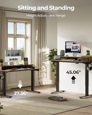 FEZIBO 55'' x 24'' Height Adjustable Electric Standing Desk with Double Drawer, Computer Workstation, Home Office Stand Up Table with 4 Height-Adjustable Feets & 2 Hooks, Vintage Brown - Image 5