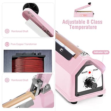 METRONIC Impulse Sealer 8 inch, Manual Heat Sealer Machine for Plastic Bags, Shrink Wrap Bag Sealers Heavy Duty Sealing Machine with Repair Kit (Pink) - Image 8