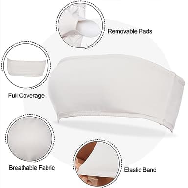 Boudaner Women’s Padded Bandeau Sports Tube Top Bra Strapless Wireless Solid Seamless Yoga Workout Bralette White - Image 3