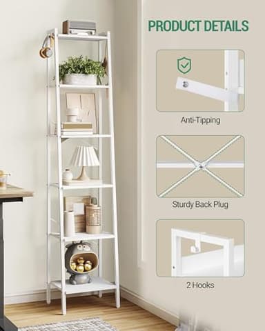Hzuaneri Ladder Shelf, Bookshelf Bookcase, Freestanding Corner Storage Shelve with 2 Hooks for Home Office, Living Room, Kitchen, Bedroom, Industrial, 6-Tier White BC13313W - Image 3