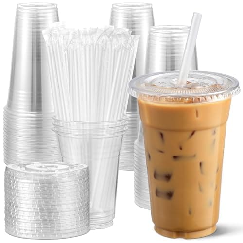 AOZITA [100 Sets] 12 oz Clear Plastic Cups With Lids and Straws, Disposable Cups With Lids for Iced Coffee, Smoothie, Milkshake and Cold Drinks - Image 1