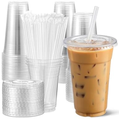 AOZITA [100 Sets] 12 oz Clear Plastic Cups With Lids and Straws, Disposable Cups With Lids for Iced Coffee, Smoothie, Milkshake and Cold Drinks - Image 1