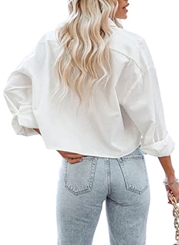 Tankaneo Womens Button Down Cropped Shirts Long Sleeve Casual Crop Tops Solid Lapel Blouse Shirt with Chest Pocket - Image 4