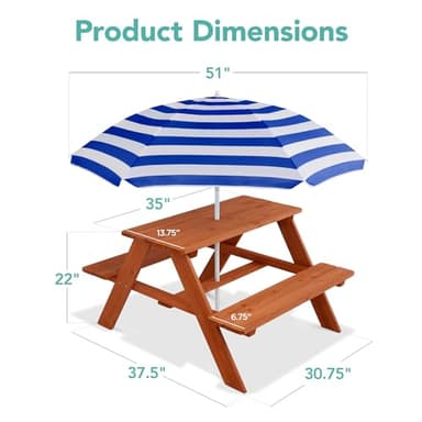 Best Choice Products Kids Wooden Picnic Table, Outdoor Activity & Dining Table w/Adjustable Collapsible Umbrella, Built-in Seats - Golden Brown/Navy - Image 3