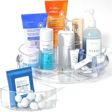 LAMU Lazy Susan Organizer Turntable for Cabinet with 4 Removable Dividers Bins, Rotating Organizer for Medicine Cabinet, Kitchen, Countertop, Pantry, Fridge, Bathroom Counter, 10.6 inch, Clear - Image 1