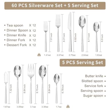 KINGSTONE Silverware Set with Serving Utensils, 65-Piece Forged Flatware Set Cutlery Set Premium Stainless Steel, Service for 12, for Kitchen, Home, Wedding, Party, Mirror Polished and Dishwasher Safe - Image 2