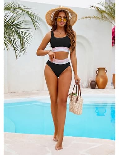 BMJL Womens Tummy Control Swimsuit High Waisted Two Piece Bikini Sets Athletic Color Block High Cut Swimwear(XL,Black-New) - Image 5