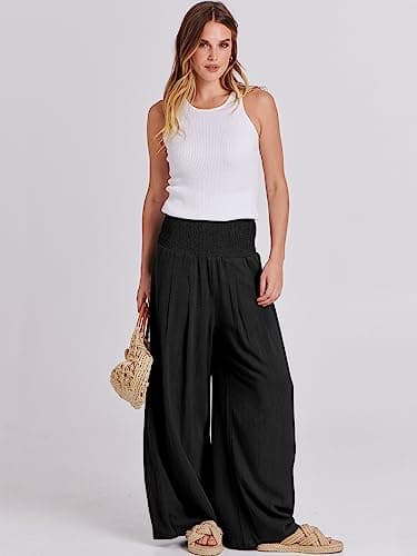 ANRABESS Women Linen Palazzo Pants Summer Boho Wide Leg High Waist Casual Lounge Pant 2024 Beach Travel Vacation Outfits Black Medium - Image 5