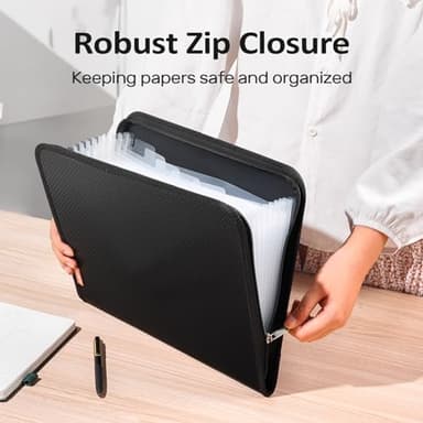 Sooez 13 Pocket Accordion File Organizer, Zipper Expanding File Folder Organizer, Reinforced Plastic Accordion Folder, A4 Letter Size, Portable Folders for Documents, Black - Image 2