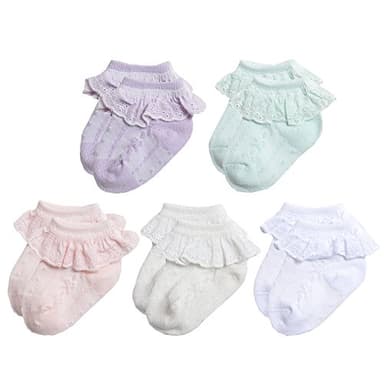 EPEIUS 5 Pack Baby-Girls Eyelet Frilly Lace Socks Newborn Princess Ankle Socks for 0-3 Months,Bow Pattern,White/Ivory/Pink/Purple/Green,Shoe Size 0-1 - Image 2