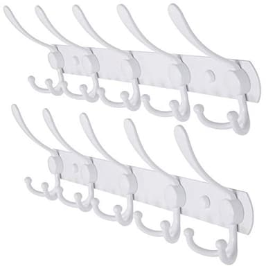Dseap Wall Mounted Coat Rack - 5 Tri Hooks, Heavy Duty, Stainless Steel, Metal Coat Hook Rail for Coat Hat Towel Purse Robes Mudroom Bathroom Entryway (White, 2 Packs) - Image 1