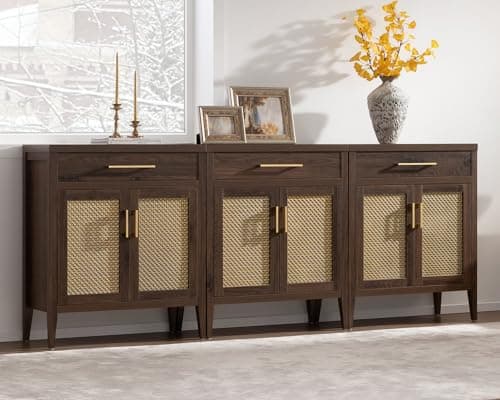 SICOTAS Buffet Cabinet - 90“ Sideboard Cabinet Modern Credenza with Drawers and Metal Mesh Doors, Accent Buffet Table Coffee Bar for Living Room Kitchen Entryway Hallway, Espresso Walnut - Image 1