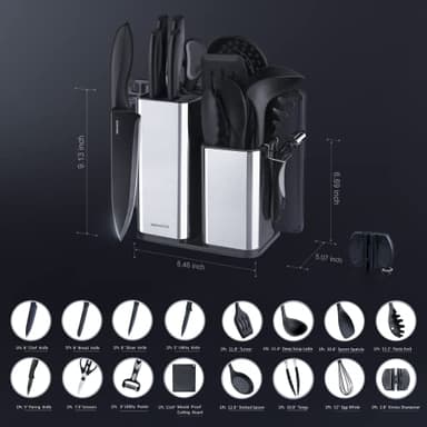 RAXCO Kitchen Utensils Set,18-Piece Cooking Tools and Sharp Knives,Stainless Steel Holder and Cutting Board - Image 7