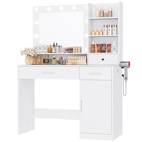 Sweetcrispy Vanity Desk with Adjustable Lighten Mirror & Power Outlet, Makeup Desk for Bedroom with a Storage Cabinet and 3 Drawers, 4 Storage Shelves, White Dresser for Girls - Image 1