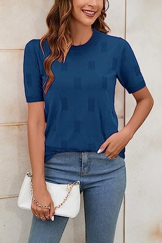 Arach&Cloz Womens Summer Fall Tops 2025 Fashion Short Sleeve Sweaters Crew Neck Lightweight Knit Dressy Teacher Blouse Blue - Image 4