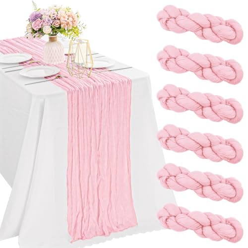 6 Pieces Pink 10FT Cheesecloth Table Runner Boho Gauze Fabric Table Runner Rustic Sheer Runner for Wedding Birthday Baby Shower Party Boho Table Decoration（Pink） - Image 1