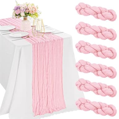 6 Pieces Pink 10FT Cheesecloth Table Runner Boho Gauze Fabric Table Runner Rustic Sheer Runner for Wedding Birthday Baby Shower Party Boho Table Decoration（Pink） - Image 1