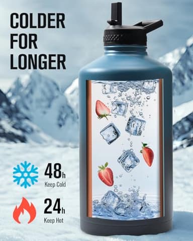Coolplus Gallon Water bottle insulated with straw, Water Jug 128 oz Stainless Steel Double-Walled Vacuum Metal Large Flask With Carry Sleeve Bpa-Free Leakproof, Keep Cold 48 Hrs, Blue Black - Image 2