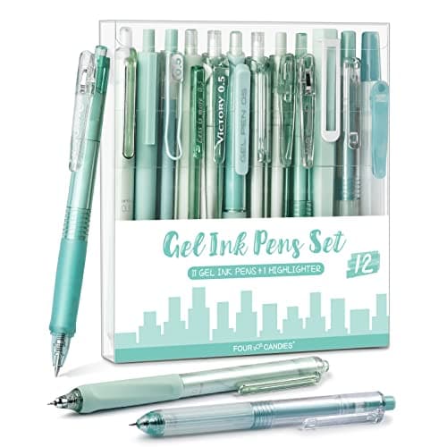 Four Candies Forest Series Gel Pens, Black & Green Ink Fine Point Smooth Writing Pens and Highlighter Set, Teal Office Supplies Back to School Stationery, Set of 12 - Image 1